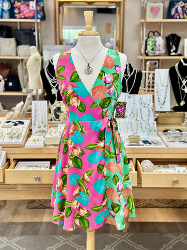 Tropical Print Sleeveless Wrap Tie Side Dress